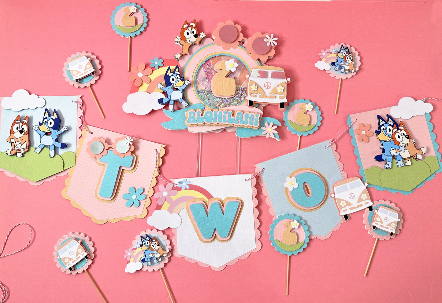 Two Groovy Bluey cake topper | groovy birthday | blue dog sisters | retro groovy party | bluey cupcake toppers | party banner
