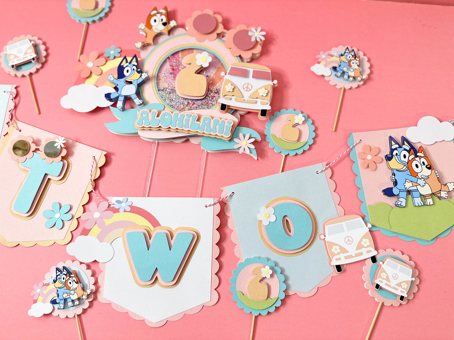 Two Groovy Bluey cake topper | groovy birthday | blue dog sisters | retro groovy party | bluey cupcake toppers | party banner