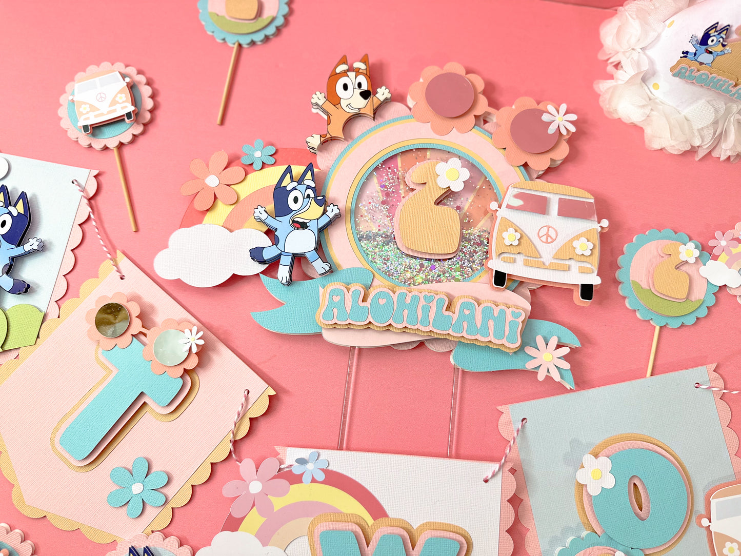 Two Groovy Bluey cake topper | groovy birthday | blue dog sisters | retro groovy party | bluey cupcake toppers | party banner