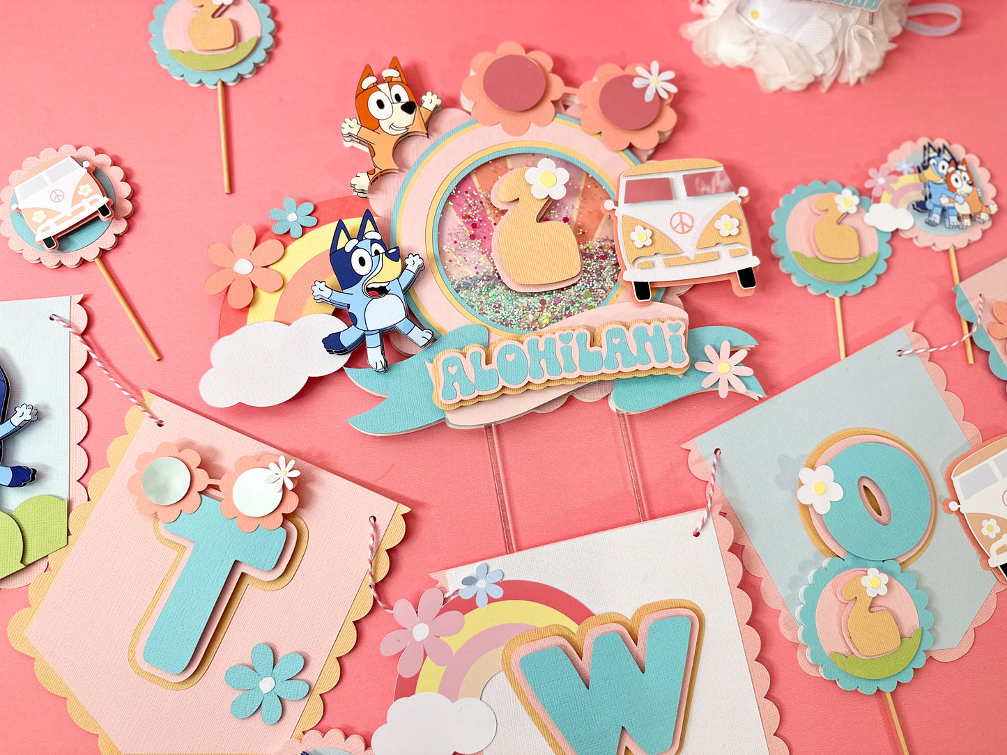 Two Groovy Bluey cake topper | groovy birthday | blue dog sisters | retro groovy party | bluey cupcake toppers | party banner