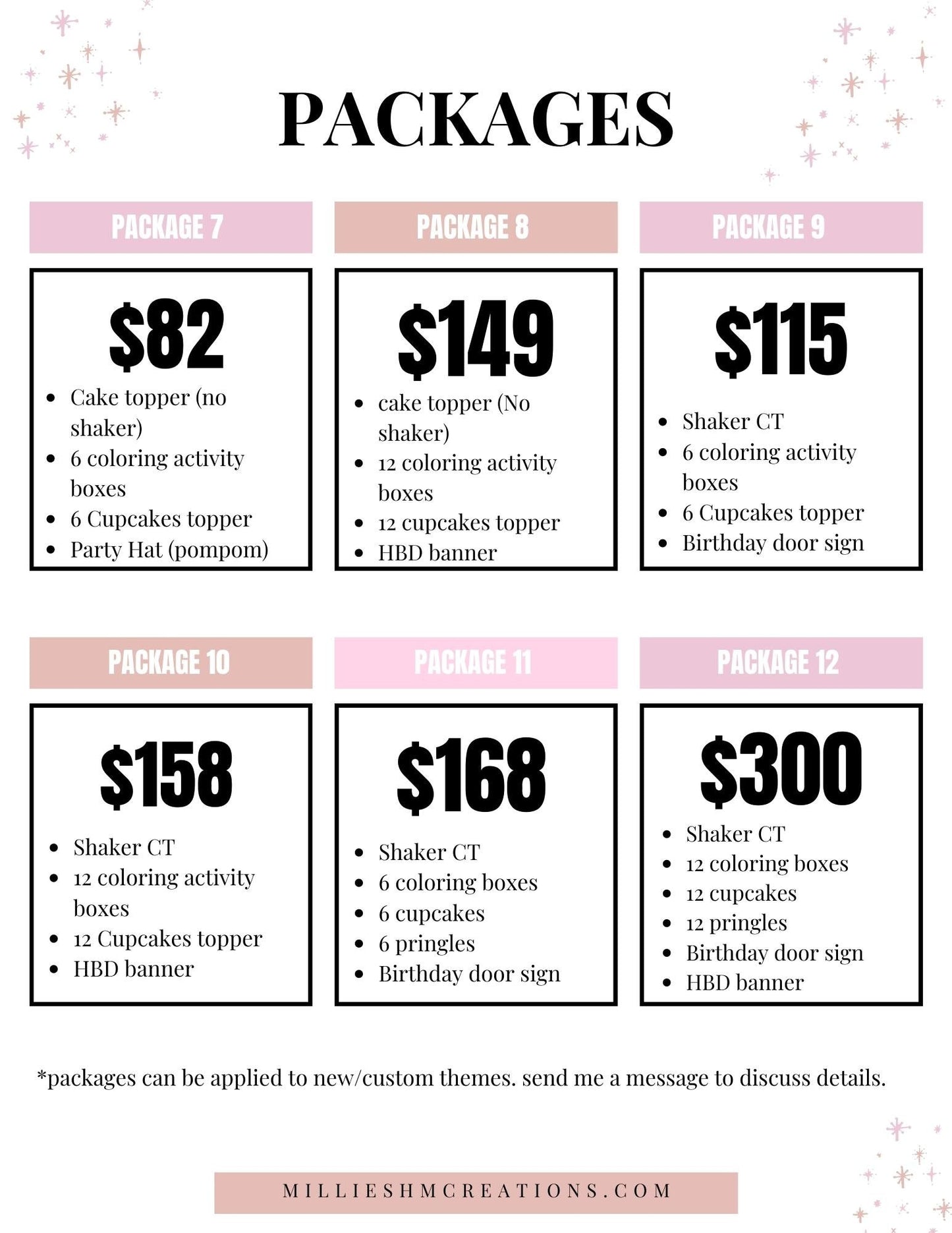 Party packages, party supplies, custom orders, kids party decor, cake topper, party favors, birthday favors