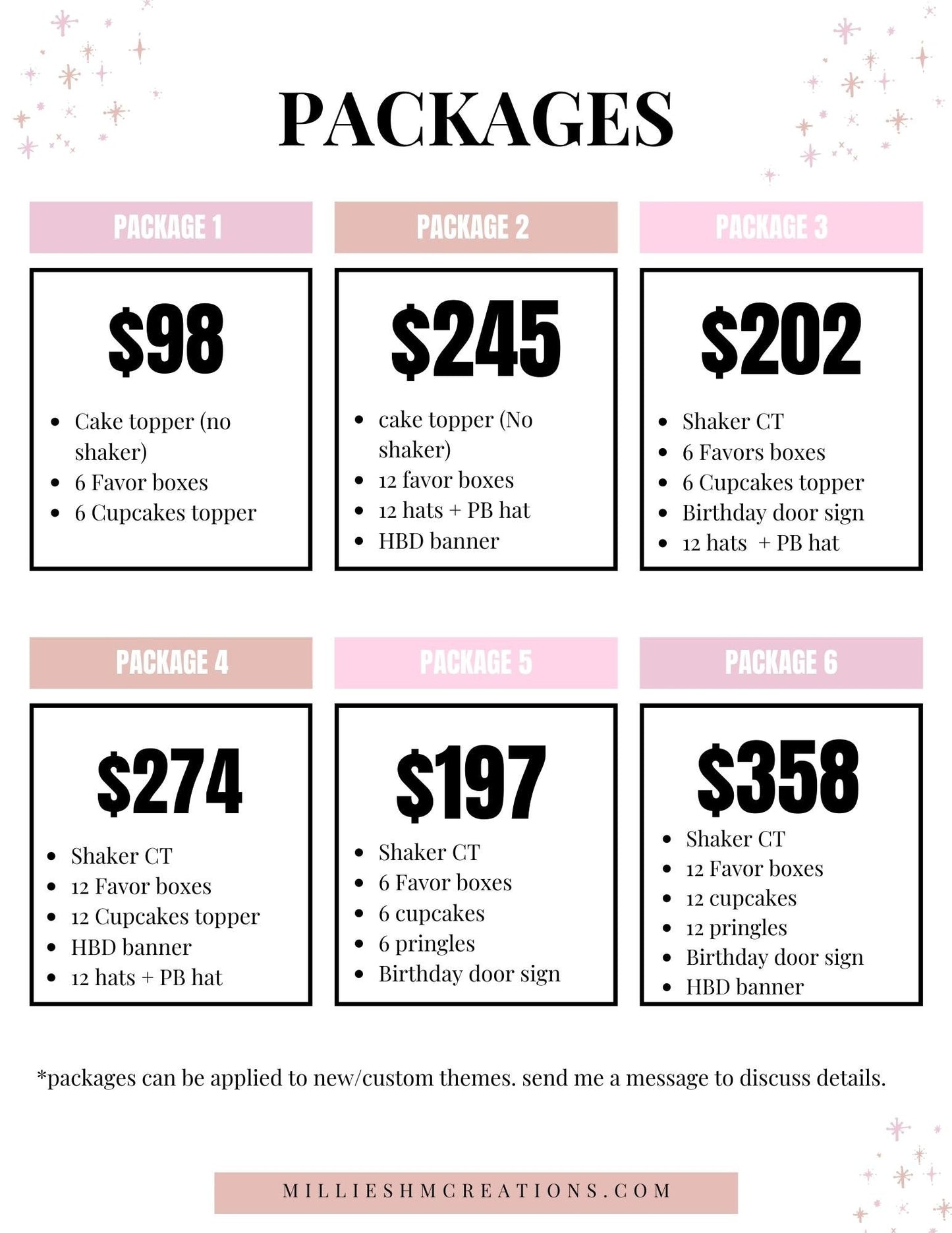 Party packages, party supplies, custom orders, kids party decor, cake topper, party favors, birthday favors