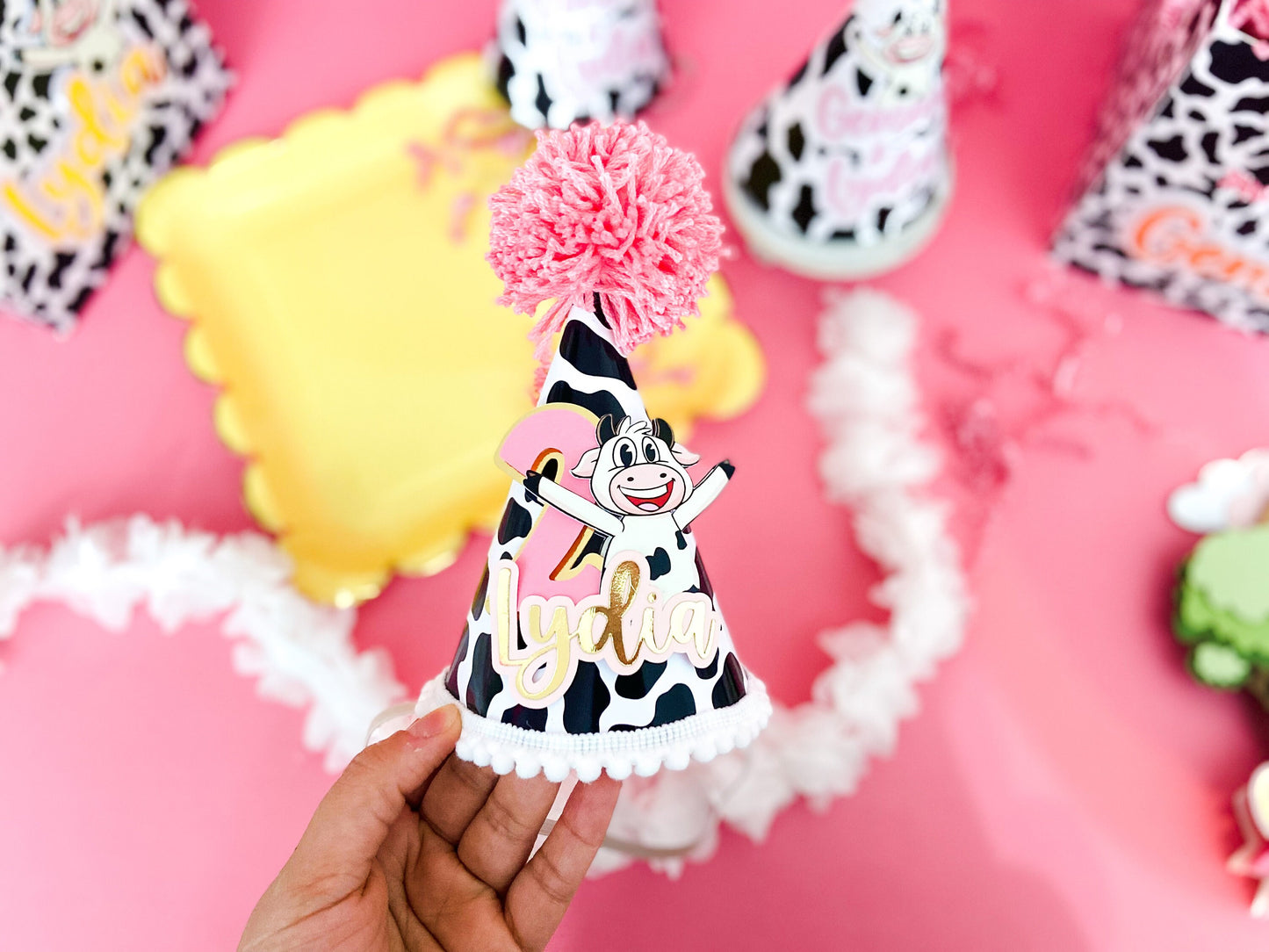 Custom birthday hats | personalized hats | Party ideas | vaca Lola birthday hat | birthday decoration | farm birthday hats |