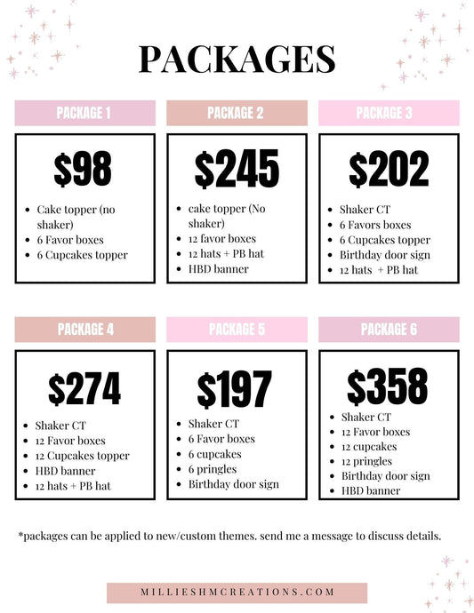 Party packages, party supplies, custom orders, kids party decor, cake topper, party favors, birthday favors