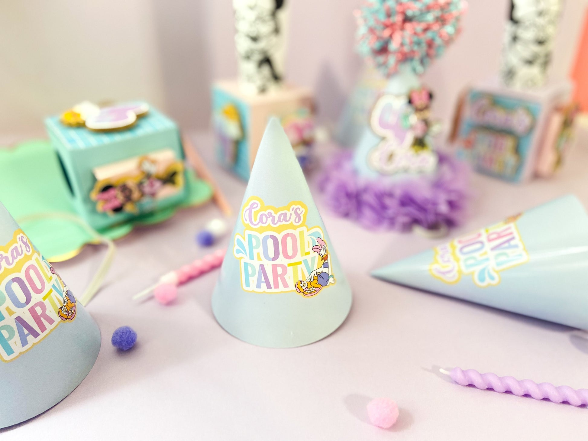 Custom pool party hats | personalized hats | Party ideas | Minnie pool birthday hats | birthday decoration | birthday party hats