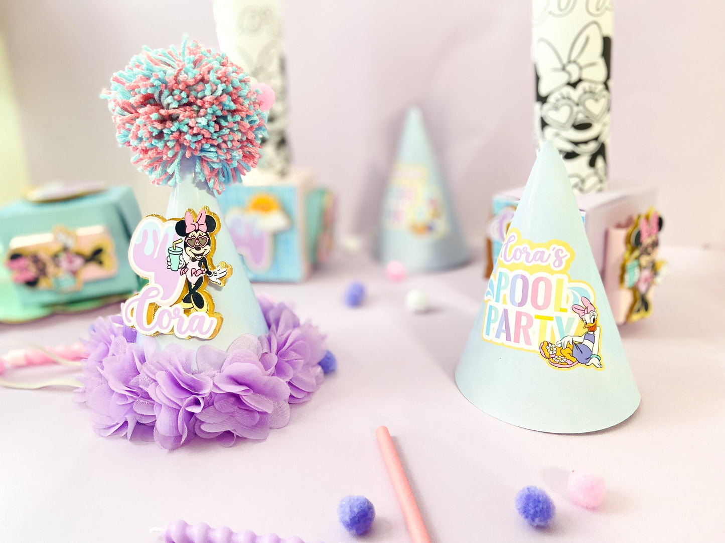 Custom pool party hats | personalized hats | Party ideas | Minnie pool birthday hats | birthday decoration | birthday party hats