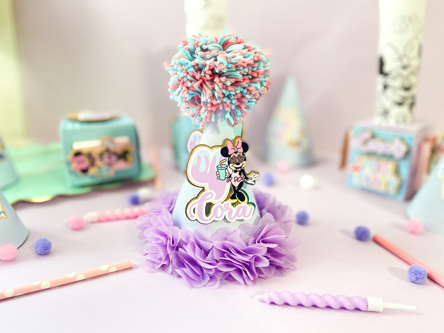 Custom pool party hats | personalized hats | Party ideas | Minnie pool birthday hats | birthday decoration | birthday party hats