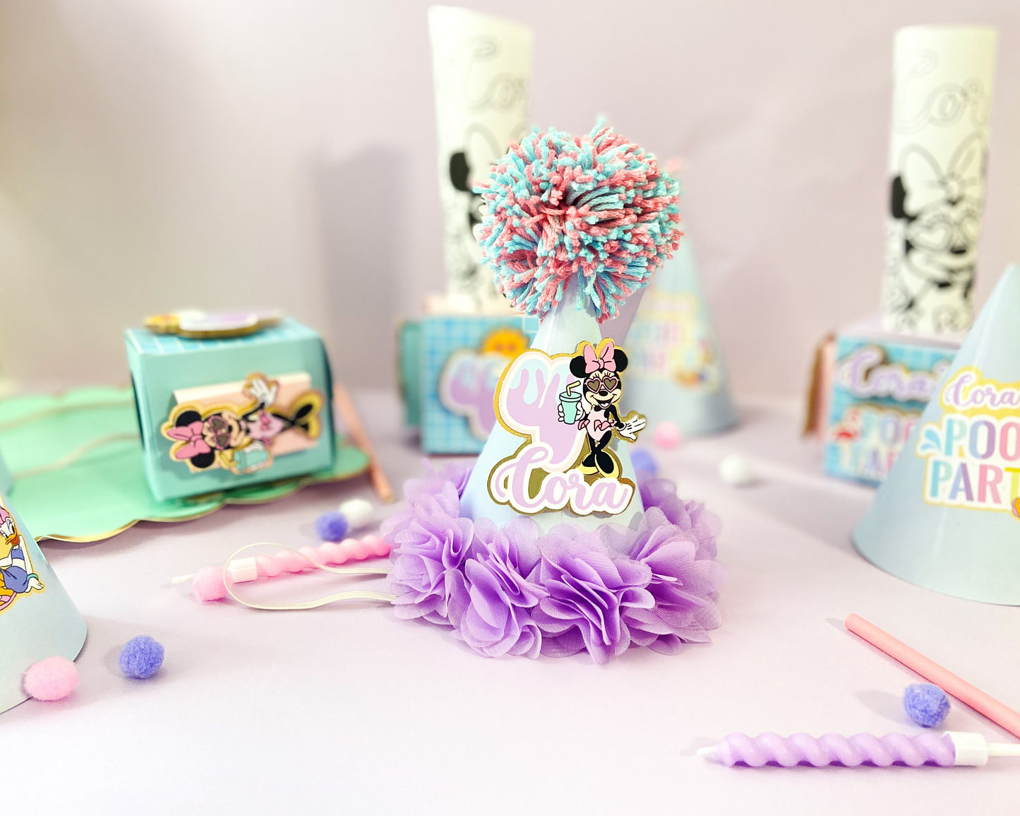 Custom pool party hats | personalized hats | Party ideas | Minnie pool birthday hats | birthday decoration | birthday party hats