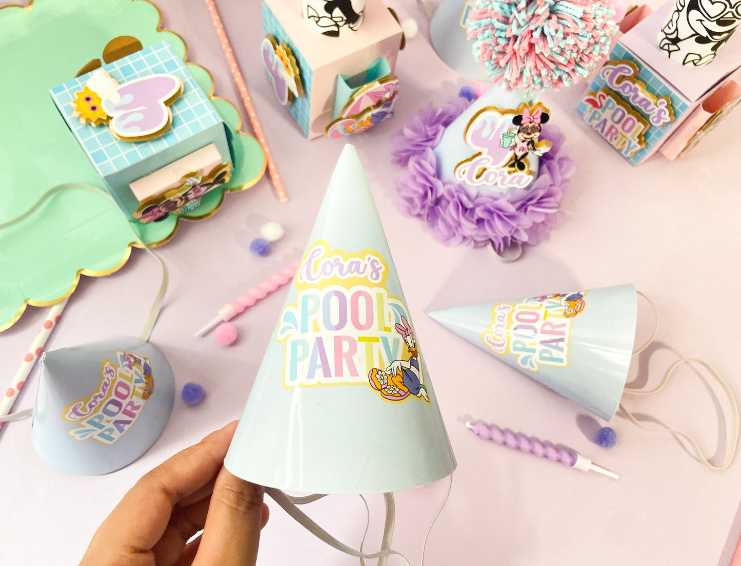 Custom pool party hats | personalized hats | Party ideas | Minnie pool birthday hats | birthday decoration | birthday party hats