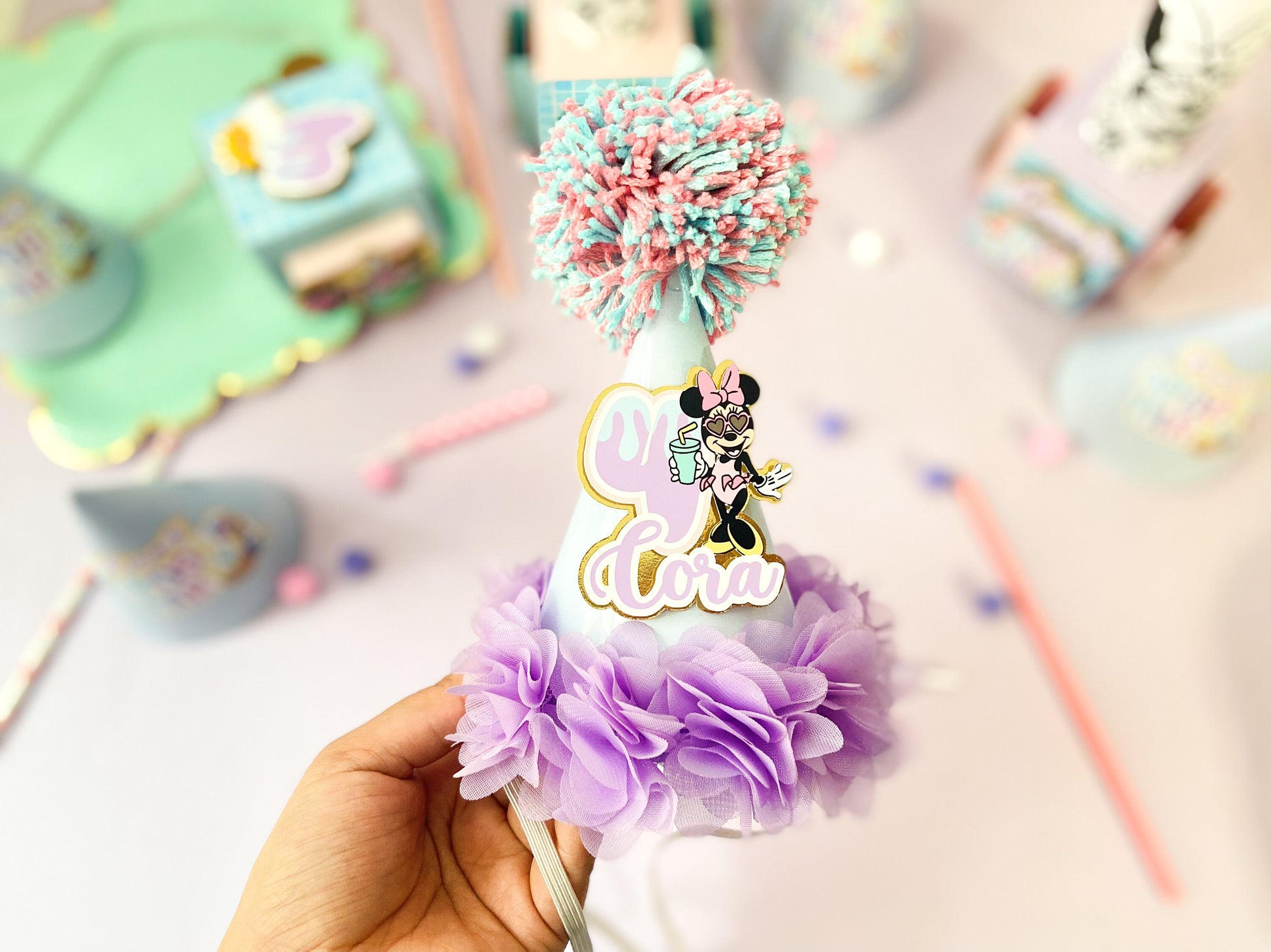 Custom pool party hats | personalized hats | Party ideas | Minnie pool birthday hats | birthday decoration | birthday party hats